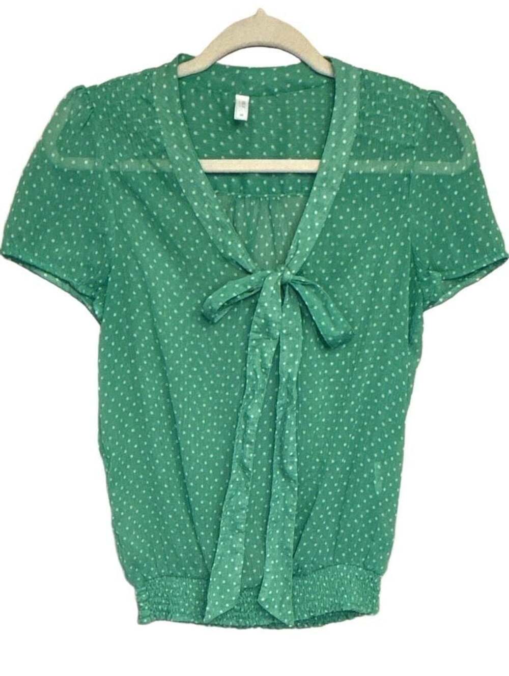Only Collection Blouse Size 38 Green White Polka Dot Tie